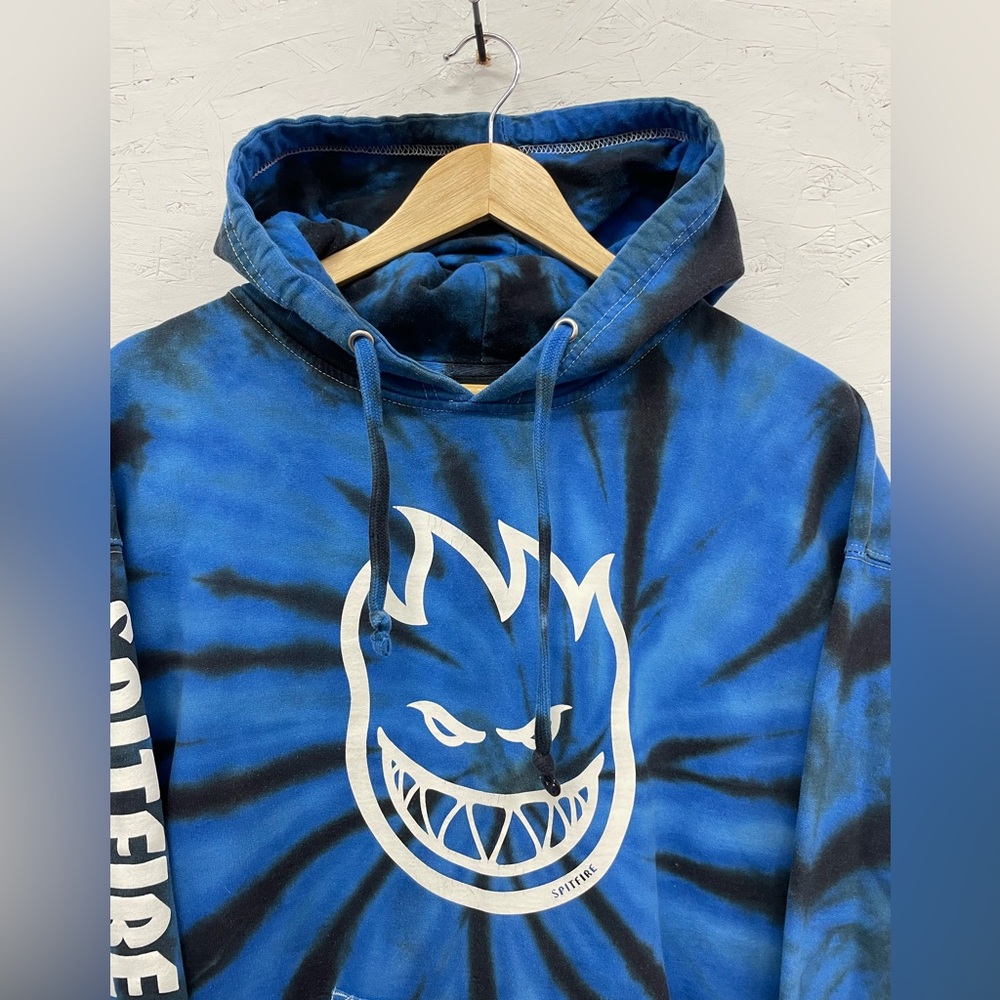 Vintage Y2K Spitfire Tie-Dye Bighead Sleeve Hoodie, Size XL, Blue and Black